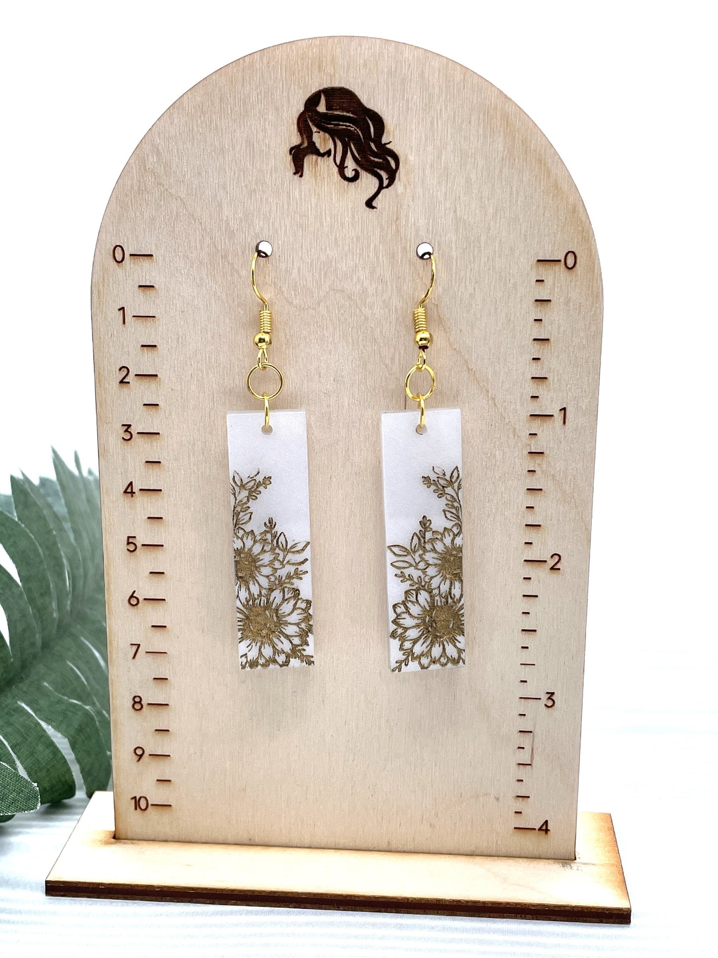 White Pearl Acrylic Drop Earrings with Engraved Flowers, Elegant White Pearl Acrylic Earrings with Laser Engraved Floral Motif
