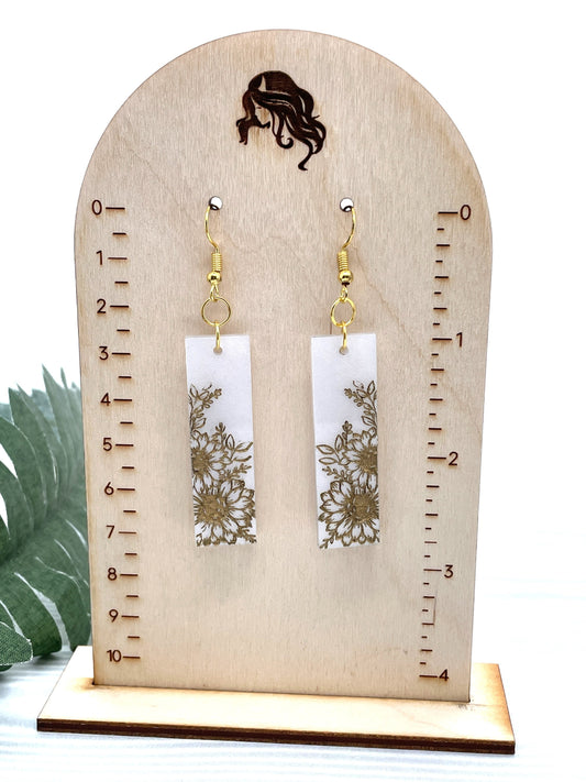 White Pearl Acrylic Drop Earrings with Engraved Flowers, Elegant White Pearl Acrylic Earrings with Laser Engraved Floral Motif
