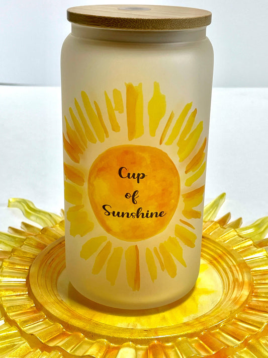 16 oz Frosted Glass Can Tumbler with Bamboo Lid & Straw