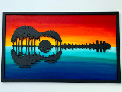 Laser-Cut Guitar Wall Art, Sunset Silhouette, Music Room Decor