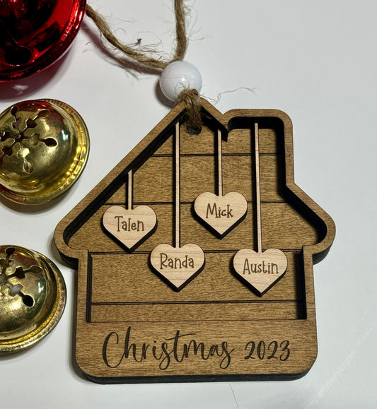 House Ornament with Custom Named Hearts