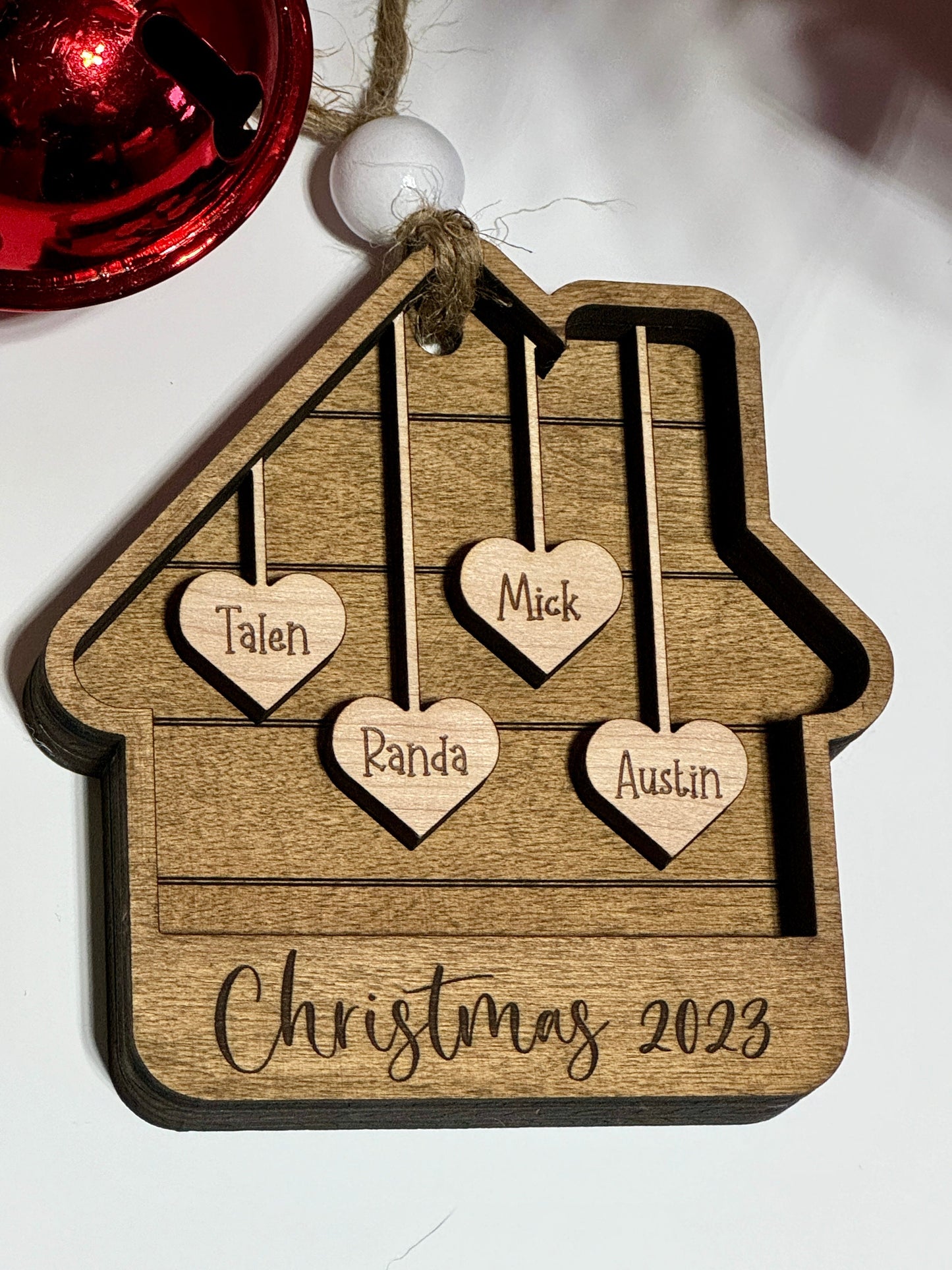 House Ornament with Custom Named Hearts