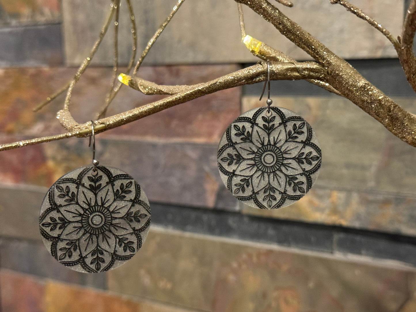 Gray Pearl Shimmer Mandala Earrings