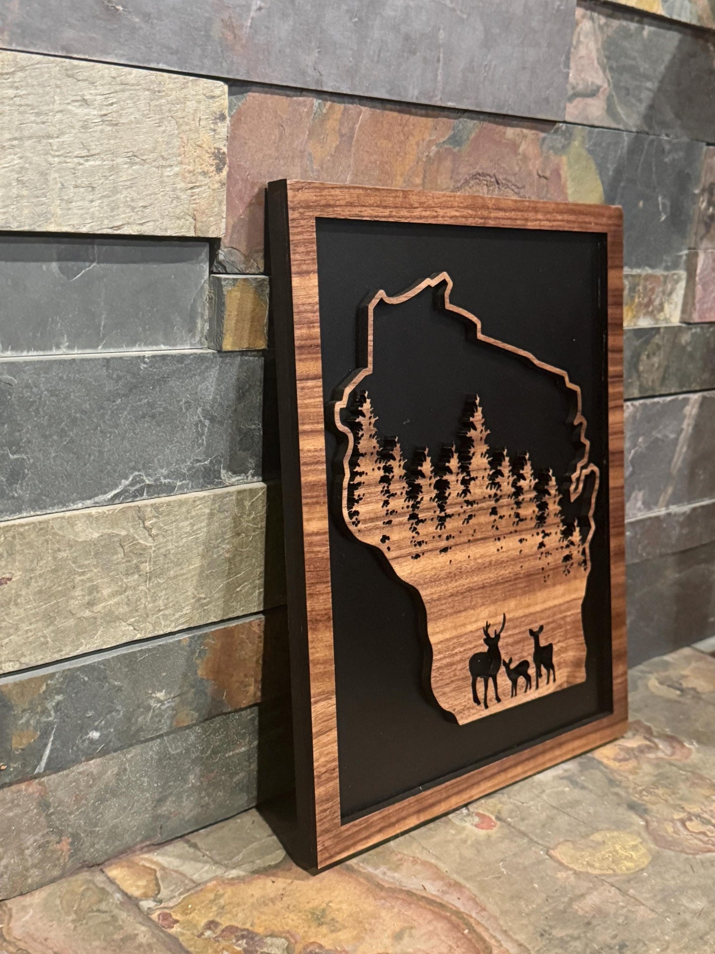 Rustic State Deer Woodland Walnut Sign – Black-Backed Laser Art