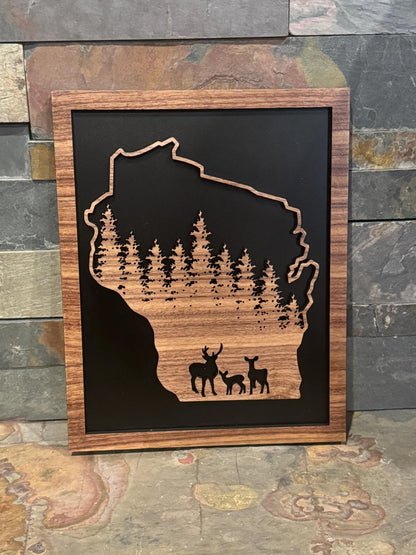 Rustic State Deer Woodland Walnut Sign – Black-Backed Laser Art