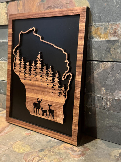 Rustic State Deer Woodland Walnut Sign – Black-Backed Laser Art