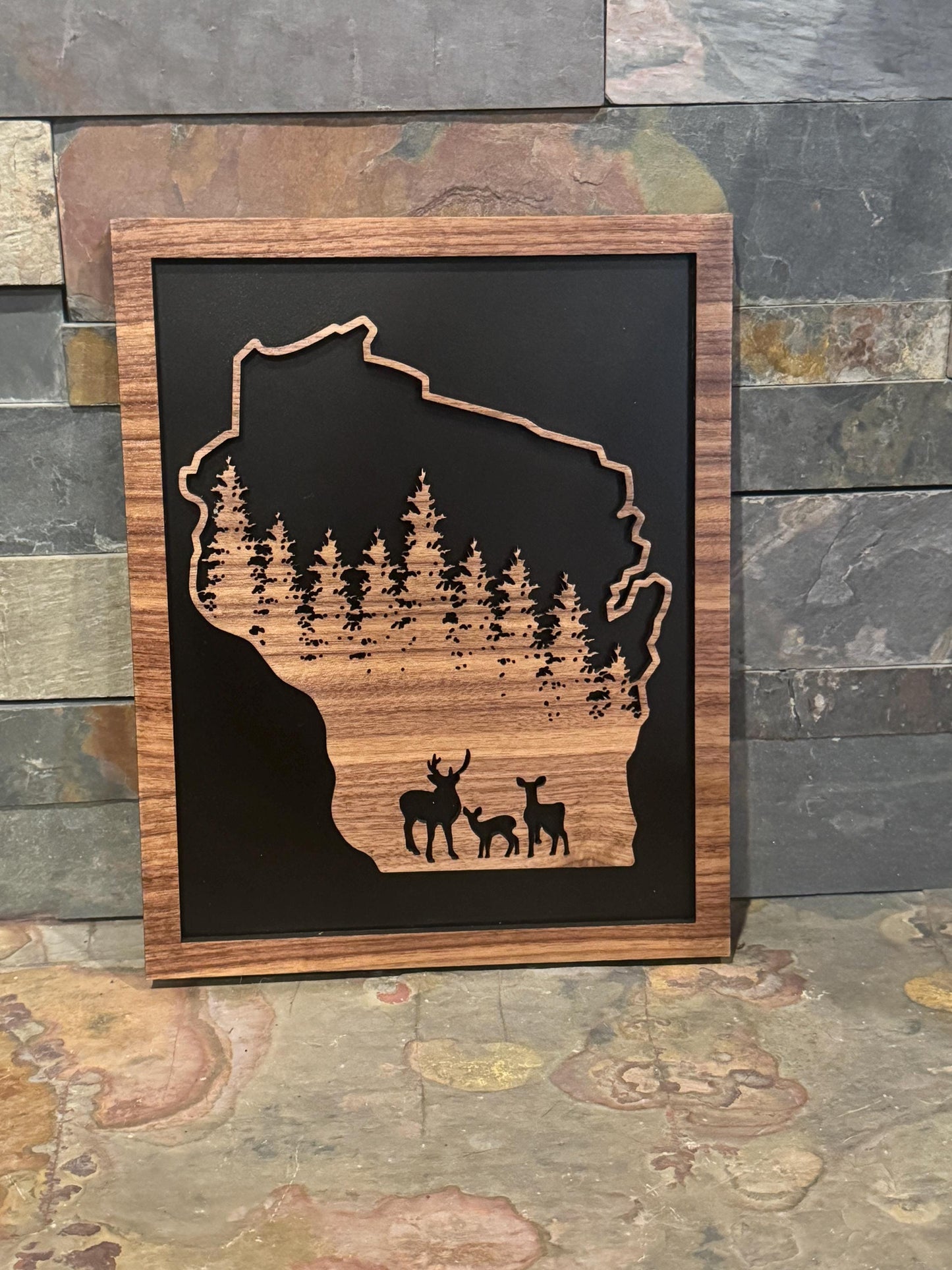Rustic State Deer Woodland Walnut Sign – Black-Backed Laser Art