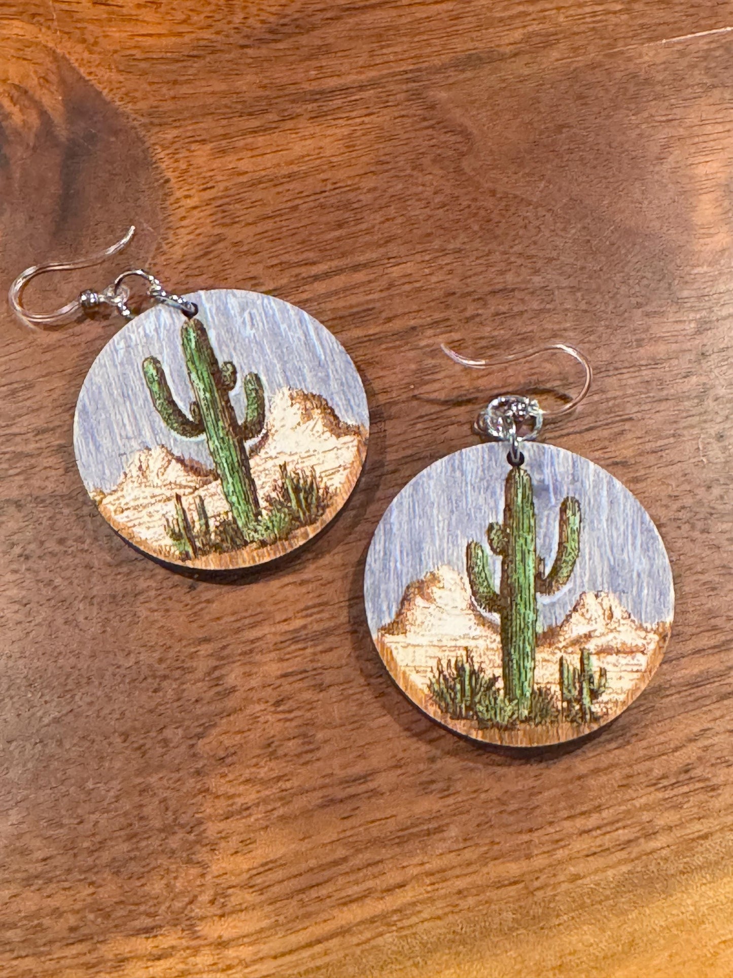 Hand Painted Saguaro Cactus Dangling Earrings