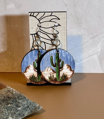 Hand Painted Saguaro Cactus Dangling Earrings