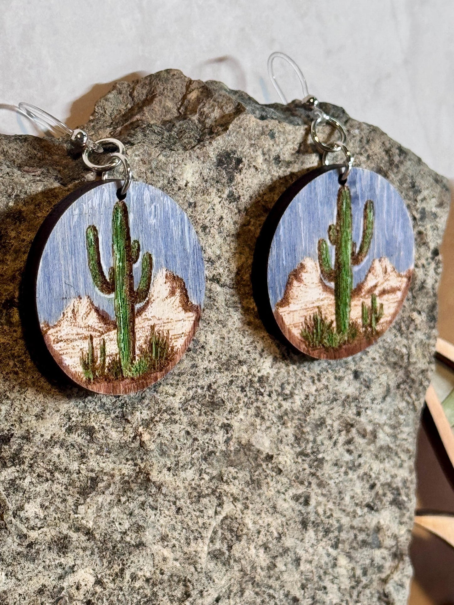 Hand Painted Saguaro Cactus Dangling Earrings