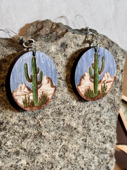 Hand Painted Saguaro Cactus Dangling Earrings