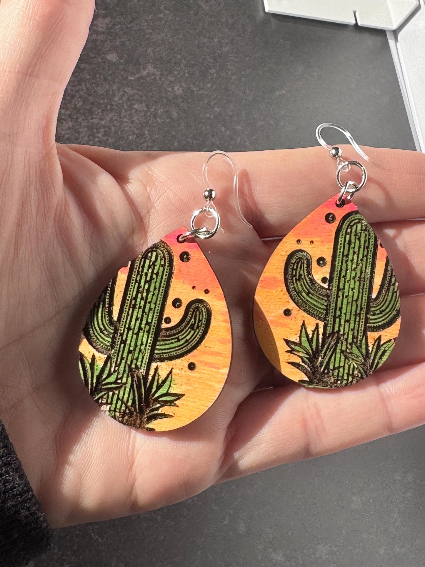 Hand-Painted Saguaro Cactus Earrings – Bold, Colorful, and One-of-a-Kind!