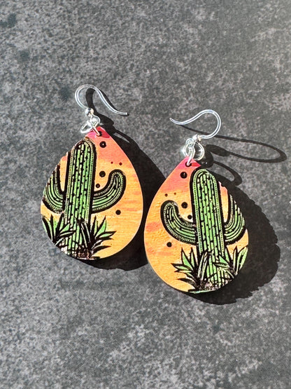 Hand-Painted Saguaro Cactus Earrings – Bold, Colorful, and One-of-a-Kind!