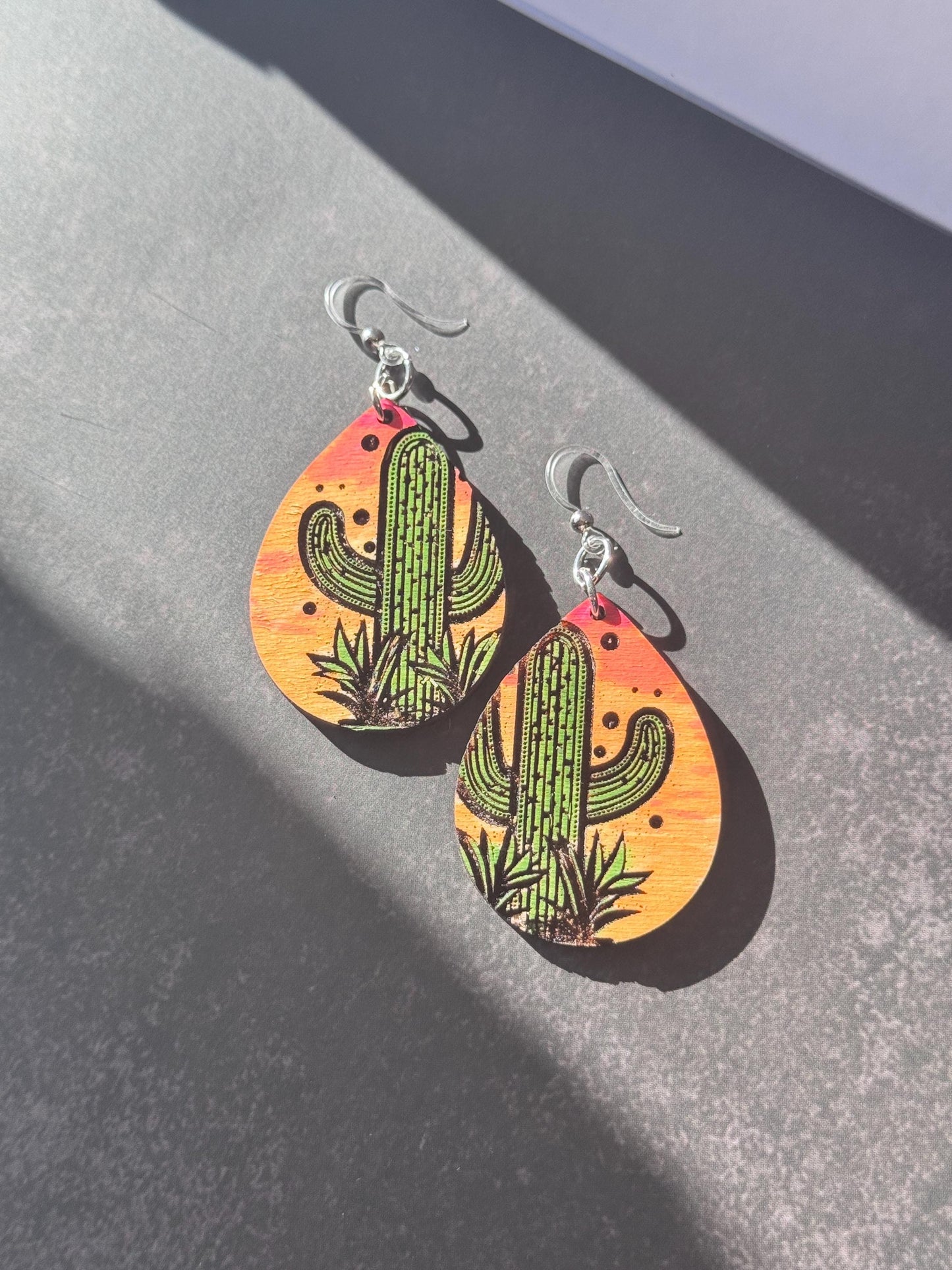 Hand-Painted Saguaro Cactus Earrings – Bold, Colorful, and One-of-a-Kind!