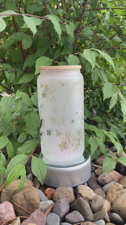 16 oz Frosted Glass Can Tumbler with Bamboo Lid & Straw