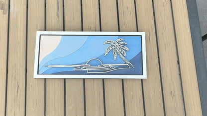 Ocean Wall Art – Layered Blue Wood Palm Tree Beach Decor – 18.5x8 Coastal Sunset Artwork – Tropical Home or Beach House Gift