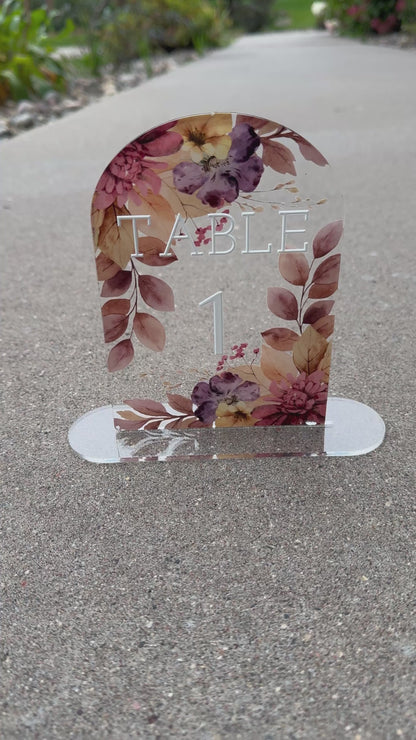 Custom Acrylic Wedding Table Numbers, Arch Table Number Sign with Stand, Floral Clear Acrylic Table Sign, Personalized Reception Decor