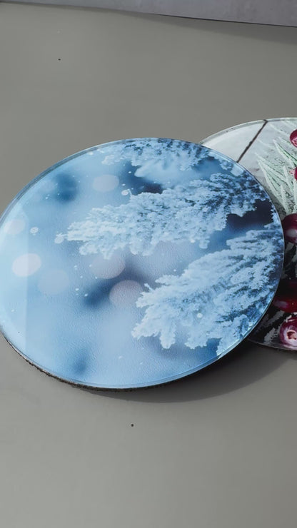 Winter Acrylic Coaster Set of 4, Frosted Pine & Berry Coasters with Cork Back, Custom Photo Coasters, Christmas Hostess Gift